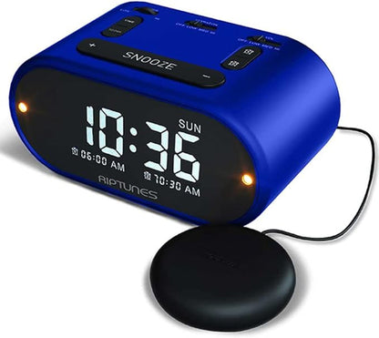 Riptunes Loud Alarm Clock with Bed Shaker for Heavy Sleepers & Hearing Impaired - Dual Alarm for Bedroom Weekday and Weekend Settings USB Charging, Dimmer, Snooze