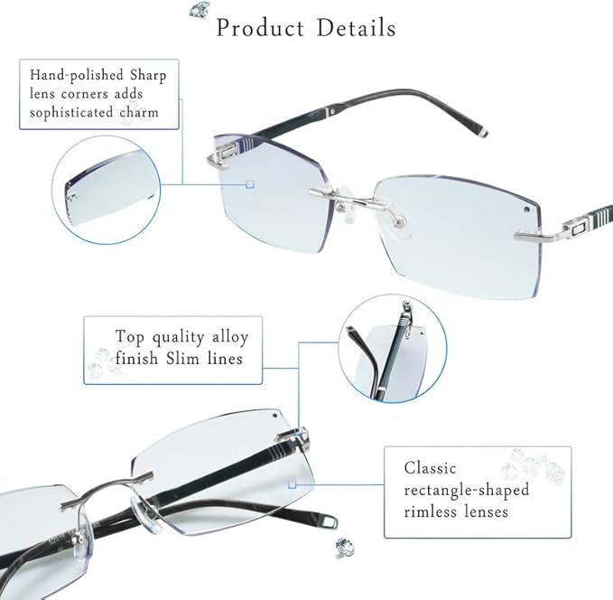 LifeArt Blue Light Blocking Glasses,Computer Reading Glasses,Rimless Frame Tinted Lens with Diamond,Stylish for Men (+2.00 Magnification)