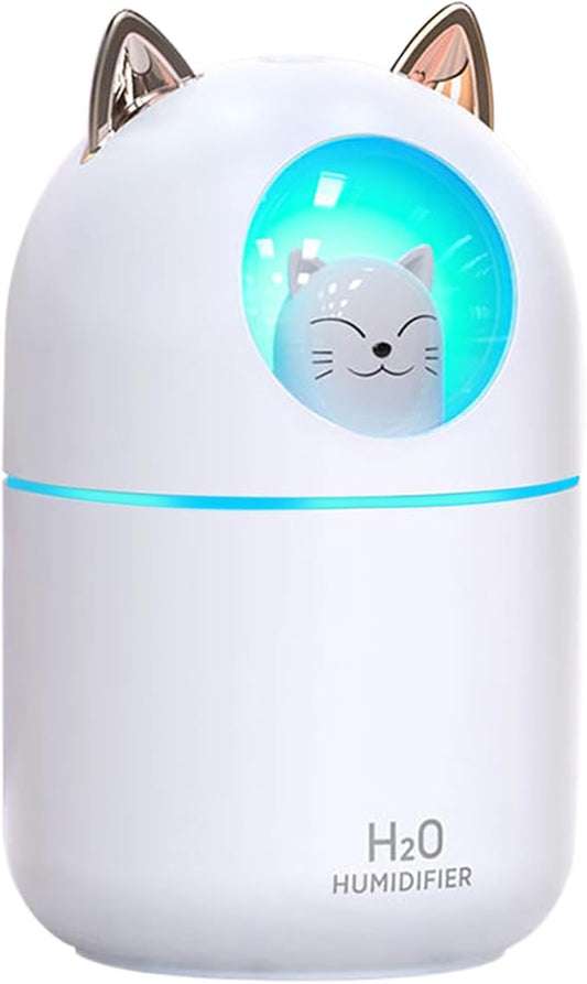 Small Humidifier Cute Portable Cool Mist Humidifier 300ML 7 Color Night Light USB Air Humidifier for Bedroom Office Desk Car Plants Travel (White)