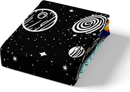 Galaxy Astronaut Bedding Set Twin Size Cartoon Alien Spaceship Rocket Outer Space Bed Set for Teens Kids Sheet Starry Universe Nebula Planets Glitter Bed Cover(1 Fitted Sheet+1 Pillow Case)