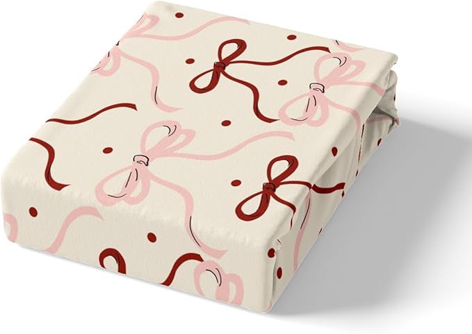 Bowknot Ribbon Bed Sheet Set Home Decor Princess Red Pink Bow-tie Dreamy Girly Sheet Sets Deep Pocket,Cute Polka Dots Vintage Beige Mattress Cover,Twin Size with 1 Pillowcase