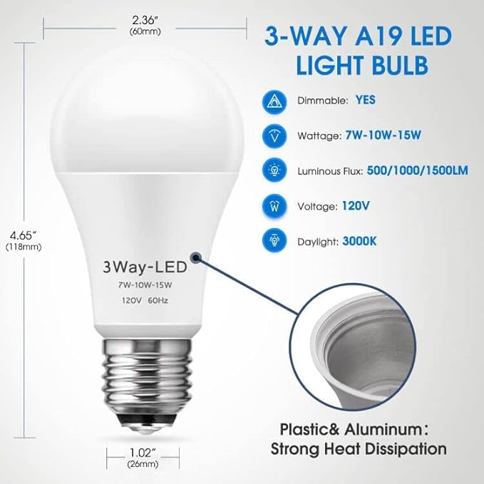 Briignite 3 Way LED Light Bulbs, 3 Way Light Bulbs 50 100 150W Equivalent Daylight 5000K A19 Light Bulbs E26 Base, Three Way Light Bulbs Indoor 3-Way Light Bulbs for Reading, 4 Pack