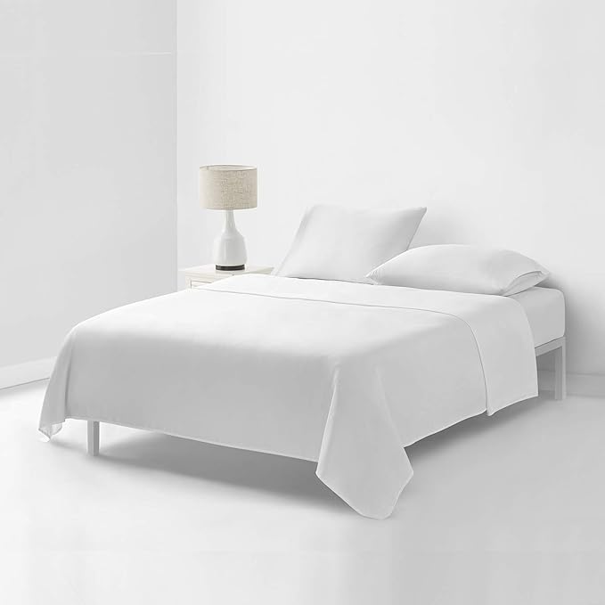 YnM Bed Sheet Set with 100 Percent Cotton, 400TC Fabric with 2 Pillowcases and Flat Sheet, Deep Pocket Fit 19'', Silky-Soft & Sweat Wicking, 4 Piece (Ca King, White)