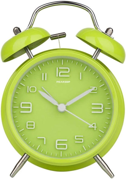Peakeep 4 Inches Twin Bell Loud Alarm Clock for Heavy Sleepers, Battery Operated Old Fashioned Alarm Clock (3D-Dial, Green)