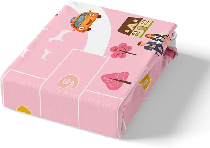 Kids Digital Graffiti Fitted Sheet Queen,Pink Girly Style Cartoon House Trees Bed Sheet 3 Pieces Fits Mattress(No Flat Sheet),Ctiy Road Cartoon Car Fabric Bedding All-Round Elastic Pocket