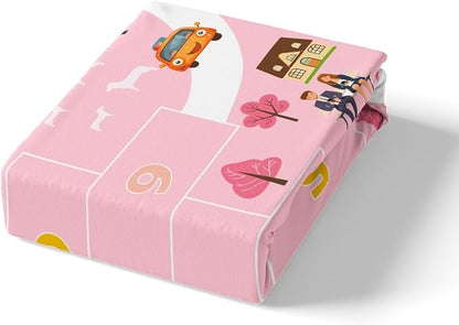 Kids Digital Graffiti Fitted Sheet Twin,Pink Girly Style Cartoon House Trees Bed Sheet 2 Pieces Fits Mattress(No Flat Sheet),Ctiy Road Cartoon Car Fabric Bedding All-Round Elastic Pocket