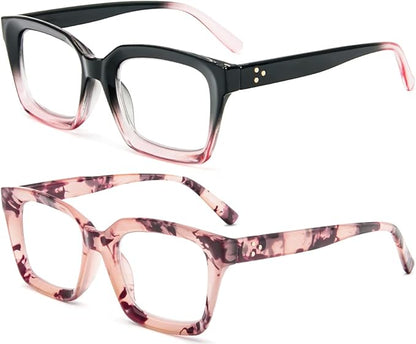 REAVEE 2 Pack Oprah Style Oversized Reading Glasses for Women Men Blue Light Blocking, Ladies Stylish RetroSquare Large Computer Readers (Black Pink/Pink Leopard 1.0x)
