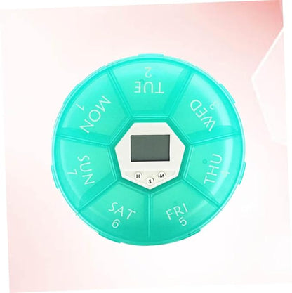 FAVOMOTO Electronic Pill Dispenser with Compartments and Alarm Clock Weekly Medication Organizer Box for Patients See-Through Lids Daily Reminder Portable Emerald Pill Storage Chest