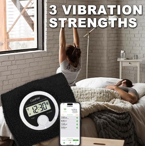 CoolFire Vibrating Alarm Clock Wristband, Silent Wake-Up Watch for Heavy Sleepers, Won’t Disturb Partner, Vibration Alarm Band for Couples/Roommates, Deaf/Hearing Impaired, 4 Alarms, Bluetooth App, Rechargeable (Black)