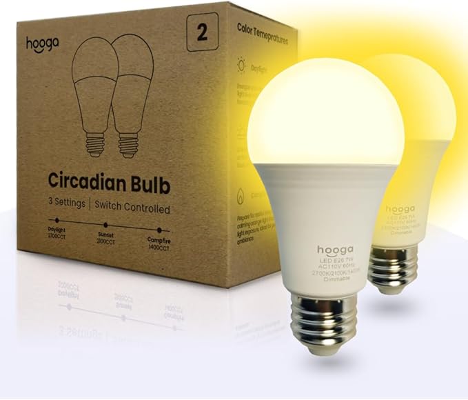 hooga Circadian Rhythm Full Spectrum LED Light Bulb - 2700K, 2100K, 1400K, Flicker-Free, Blue Light Free Night Mode, 7W Energy Efficient Warm White for Sleep, Relaxation & Focus - 2 Pack