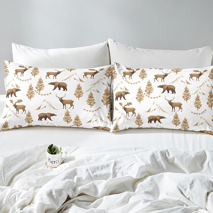 Deer Bear Kids Fitted Sheet Full Size,Pine Trees Animals Hunting Adventure Camper Bedding Set,Boys Girls Room Decor,Mountain Rustic Farmhouse Bed Cover,Brown Retro Bed Sheet,2 Pillowcases