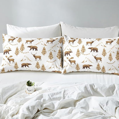 Deer Bear Kids Fitted Sheet Full Size,Pine Trees Animals Hunting Adventure Camper Bedding Set,Boys Girls Room Decor,Mountain Rustic Farmhouse Bed Cover,Brown Retro Bed Sheet,2 Pillowcases
