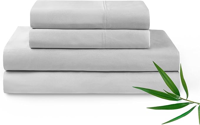 YnM Cooling Bed Sheet Set with 100 Percent Rayon Derived from Bamboo, 400TC Fabric with 1 Pillowcase and Flat Sheet, Deep Pocket Fit 19'', Silky-Soft & Sweat Wicking, 3 Piece (Twin, Light Grey)