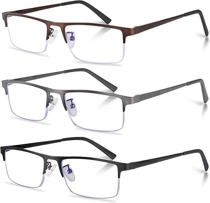 3-Pack Reading Glasses for Men, Lightweight Metal Half Frame Blue Light Blocking Computer Readers