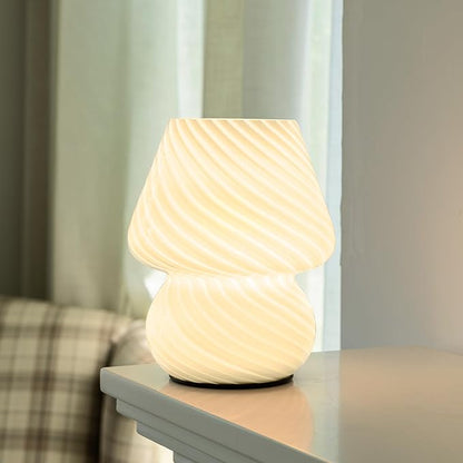 Battery Operated Mushroom Lamp - Vintage Small Table Lamp with Timer, Cordless Bedside Nightstand Lamp, Glass Battery Powered Lamp for Bedroom Kitchen Living Room Shelf Decor Aesthetic White