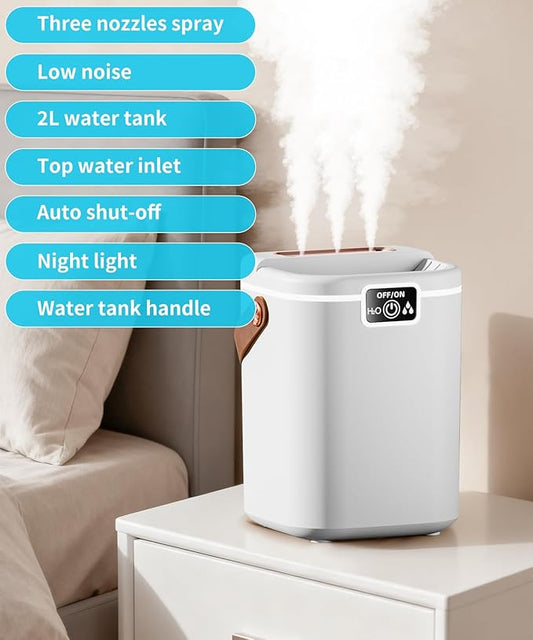 Air Humidifier for Bedroom with Three Spray, 2L Quiet Cool Mist Humidifier for Plants Dorm Room Office Home Car Personal Humidificador with Top Water Inlet & 4 Mist Modes & Night Light