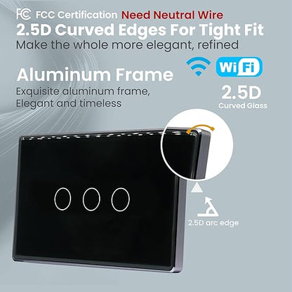 Smart Light Switch,3-Button,Aluminum Frame, Neutral Required,2.4GHz, Tuya Smart Life App,Voice Control,2.5D Curved-Edge Tempered Glass Panel,Black
