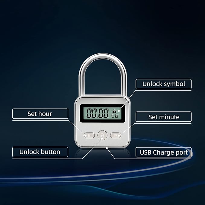 Combination Lock, Metal Timer Lock,Timers,USB Rechargeable Time Timer Padlock with 1m Spring Rope,99 Hours Max Timing Self-Discipline Anti-Addiction Timed Padlock（Silver