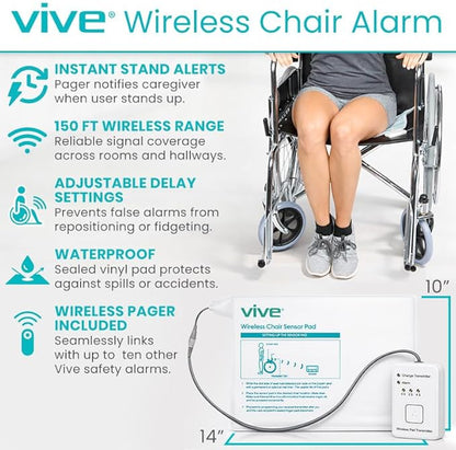 Vive Wireless Chair Alarm - Wheelchair Motion Sensor Kit for Elderly Dementia Patients - Weight Movement Pressure Pad Detector - Automatic Health Alert System for Mat Elderly