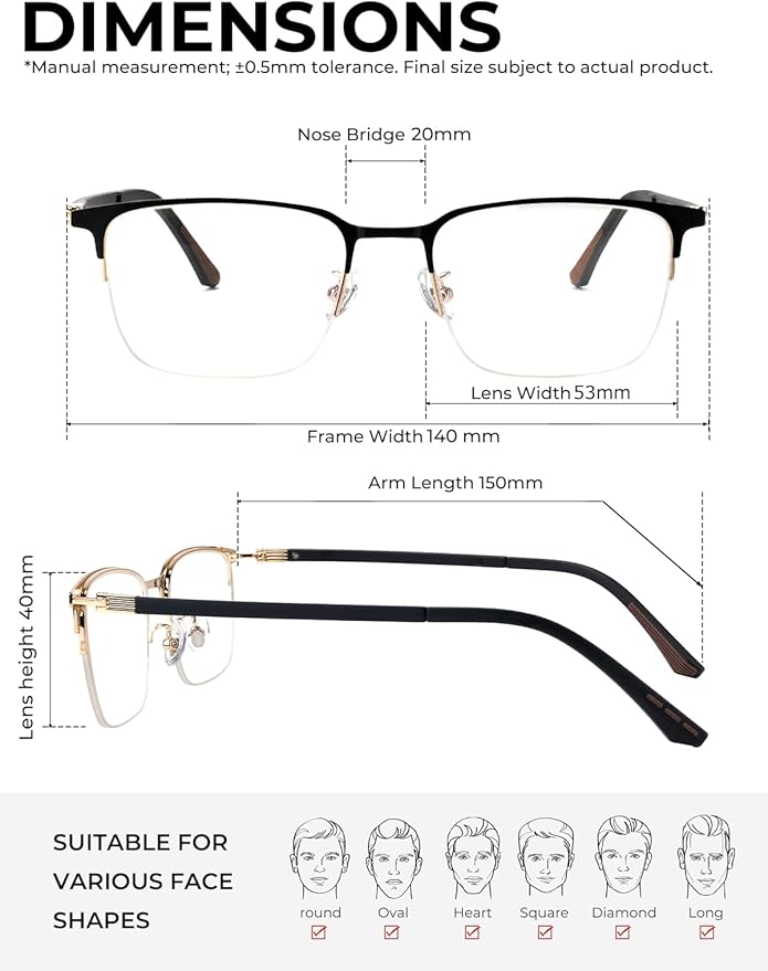 Blue Light Blocking Glasses Men Computer Gaming Glasses Rectangle Metal Semi-rimless Black/Golden Frame Anti Glare/UV400 Clear Lens
