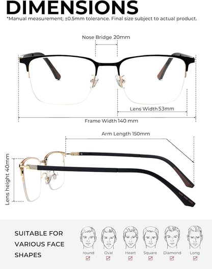 Blue Light Blocking Glasses Men Computer Gaming Glasses Rectangle Metal Semi-rimless Black/Golden Frame Anti Glare/UV400 Clear Lens