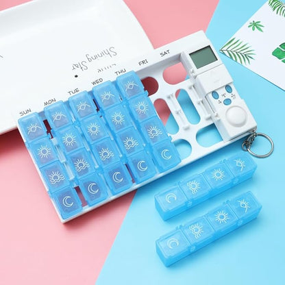 7 Day Timed Medicine Box with Alarm Reminder 28 Grids Compartments Removable Timer Backlight Weekly Pill Organizer for Vitamins and Pills 7.48 * 4.13 * 0.98inch