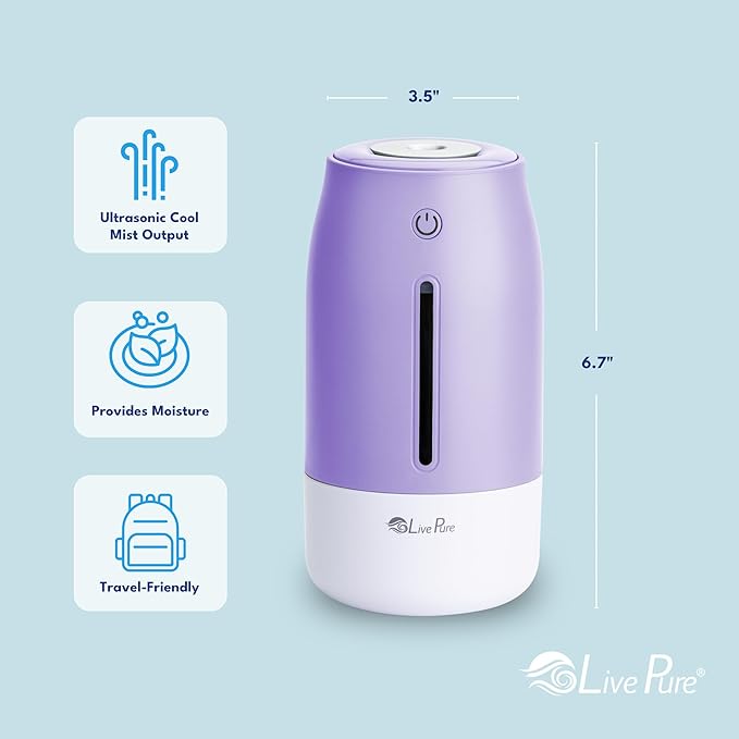 LivePure Cool Mist Humidifiers for Bedroom. Small Humidifier for Babies, Nursery, Plants, Office. Ultrasonic Cool Mist Humidifier w/Quiet Operation, USB-C Rechargeable. Lavender