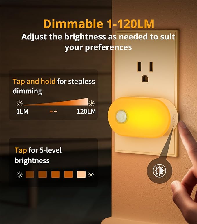 Lyridz Amber Night Light with Motion Sensor, Plug in LED Nightlights, 120LM Stepless Adjustable Brightness Ideal for Bathroom, Bedroom, Hallway, Stairs, Kids' Room, Nursery, Pet House, 2 Pack