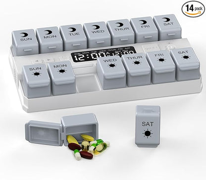 Weekly Pill Organizer with Alarms System, Removable Silicone Pill Box 7 Day 2 Time, Large Size Pill Case for Home and Travel, Secure Magnetic Base, Waterproof & Moisture Resistant (Gray)