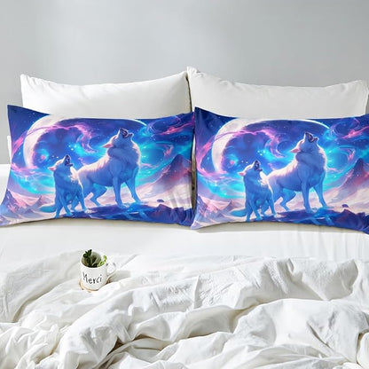 Wild Wolf Kids Fitted Sheet Twin Size,Glitter Stars Arctic Light Romantic Bedding Set,Boys Girls Room Decor,Rustic Animal Hunting Adventure Bed Cover,Blue Bed Sheet,1 Pillowcase