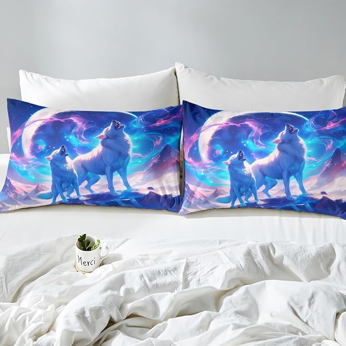Wild Wolf Kids Fitted Sheet Full Size,Glitter Stars Arctic Light Romantic Bedding Set,Boys Girls Room Decor,Rustic Animal Hunting Adventure Bed Cover,Blue Bed Sheet,2 Pillowcases