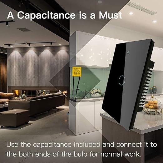 MoesGo 2nd Generation WiFi RF433 Smart Touch Wall Single Fire Smart Switch,No Neutral Wire Needed Compatible with Smart Life/Tuya App, Works with Alexa and Google Home Single Pole 110V Black 1 Gang