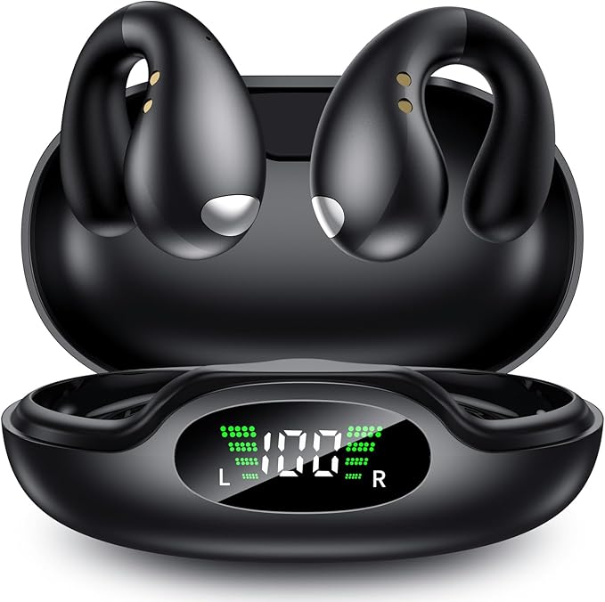 Ultra Open Ear Earbuds - Ergonomic Clip-On Earbuds, Bone Conduction Over-The-Ear Headphones with Waterproof Design and Secure Fit for Small Ears, Carbon Black