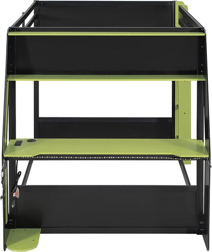Gaming Bunk Bed Full Size with Desk & Charging Station & RGB Light Strip & Storage Shelves,Wooden Full Bunk Bed Frame with Safety Guardrails,Ladder and Under-Bed Space for Adults Teens Bedroom,Green