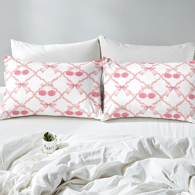 Cherry Bow Fitted Sheet Set with 2 Pillowcase,Sweet Tropical Fruits Dreamy Bowknot Pink White Microfiber Mattress Cover,Fairy Princess Crossed Grids Patchwork Bed Cover Queen Size
