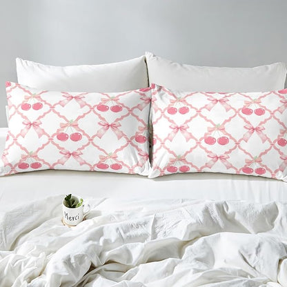 Manfei Cherry Bow Bed Sheet Set 3 Pieces,Sweet Tropical Fruits Dreamy Bowknot Pink White Bedding Set with Flat,Fairy Princess Crossed Grids Patchwork Fitted Sheet,2 Pillow Cases,Full Size
