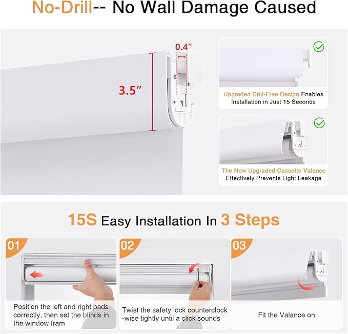 AOSKY No Drill Cordless Blackout Roller Shades with Valance,Customize Blinds for Indoor Windows,Room Darkening Window Shades Pull Down with Free-Stop Spring System, UV Protection for Home White