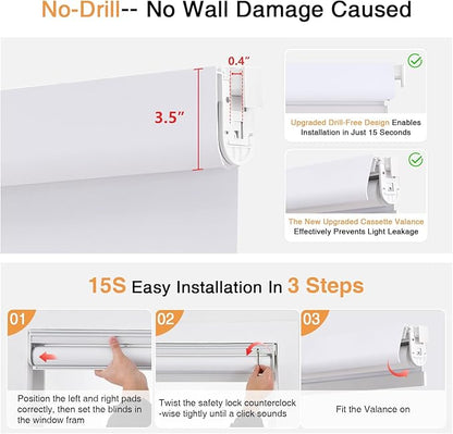 AOSKY No Drill Cordless Blackout Roller Shades with Valance,Customize Blinds for Indoor Windows,Room Darkening Window Shades Pull Down with Free-Stop Spring System, UV Protection for Home White