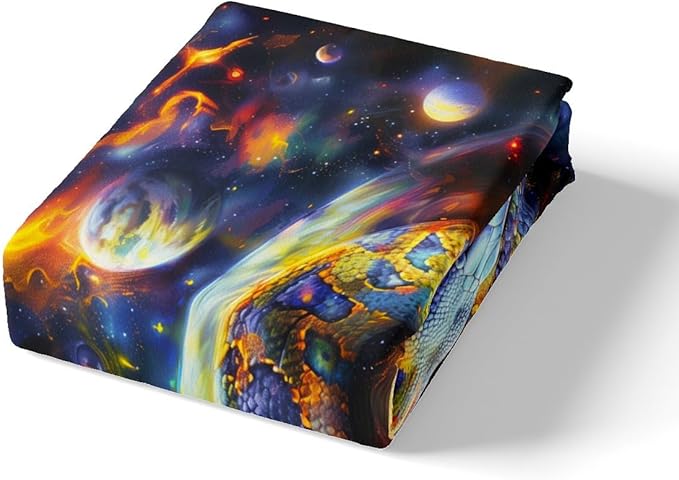 Snake Fitted Sheet Queen Size,Starry Sky Galaxy Nebula Planets Trippy Bedding Set,Boys Girls Room Decor,Reptile Animals Outer Space Mystical Bed Cover,Watercolor Bed Sheet,2 Pillowcases