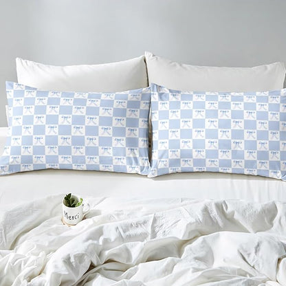 Blue Bowknot Bedding Set Twin Size Dreamy Bow Minimalist Grids Plaids Geometric Bed Set for Teens Kids Sheet Microfiber Princess Style Blue White Bed Cover(1 Fitted Sheet+1 Pillow Case)