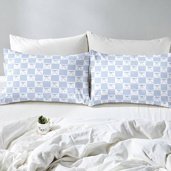 Blue Bowknot Fitted Sheet Queen Size Dreamy Bow Minimalist Grids Plaids Geometric Bedding Sheet Set,Princess Style Blue White Bed Cover Ultra Soft Breathable Bedding 3 Pcs