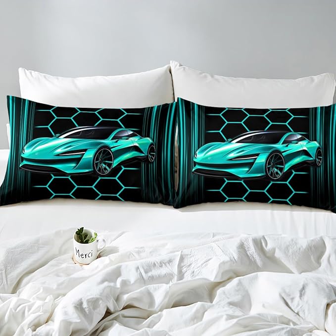 Sports Car Fitted Sheet Twin Size,Neon Lines Honeycomb Bed Sheet with 1 Pillowcase,Cool Speed Soft Decorative Fabric Bedding,Room Gift