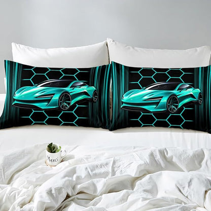Sports Car Fitted Sheet Twin Size,Neon Lines Honeycomb Bed Sheet with 1 Pillowcase,Cool Speed Soft Decorative Fabric Bedding,Room Gift