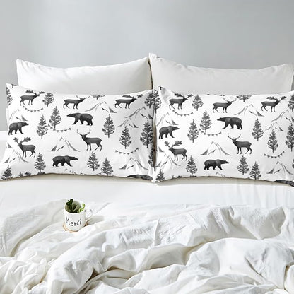 Rustic Bear Deer Kids Fitted Sheet Full Size,Pine Trees Mountain Animals Rustic Farmhouse Bedding Set,Boys Girls Room Decor,Hunting Adventure Camper Bed Cover,RV Bed Sheet,2 Pillowcases