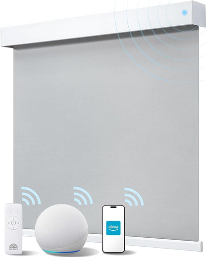 Smart Roller Shades for Windows, Alexa Blackout Motorized Blinds with Remote Control, Easy Install Automatic Electric Blinds for Indoor (45" W x 72" H, Gray Fabric & White Shell)