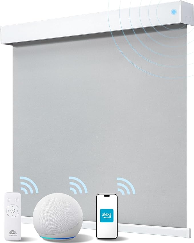 Smart Roller Shades for Windows, Alexa Blackout Motorized Blinds with Remote Control, Easy Install Automatic Electric Blinds for Indoor (25" W x 72" H, Gray Fabric & White Shell)
