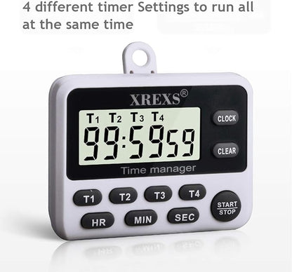 XREXS 4-Channel Digital Kitchen Timer Clock with Large LCD Display, 4 Groups Simultaneous Timing Countdown Up Pocket Timer, Magnetic Attachable (Battery Included)