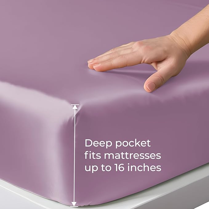 LINENWALAS Fitted Sheet Only Viscose Derived from Bamboo, Bottom Sheet for California King Size Bed – 16” Deep Pocket, Snug Fit – Cooling, Breathable, Soft, Hypoallergenic (Lilac, Cal King)