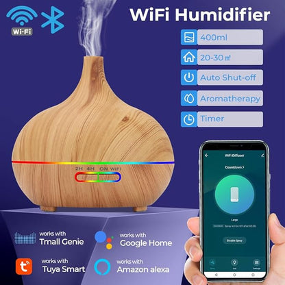 WiFi+Bluetooth Smart Essential Oil Diffuser Compatible with Alexa, Ultrasonic Aromatherapy Diffuser & Mist Humidifier with Voice & APP Remote Control, Schedule & Timer,RGB Light (EU)