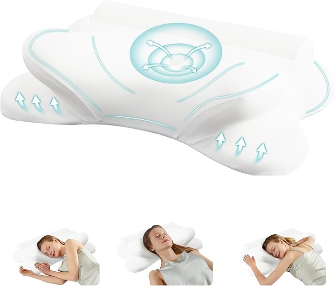 Sweetcrispy Cervical Neck Pillow - Contour Memory Foam Pillow for Neck Pain Relief with Cooling Pillowcase, Ergonomic Orthopedic Support for Side Back Stomach Sleepers, White